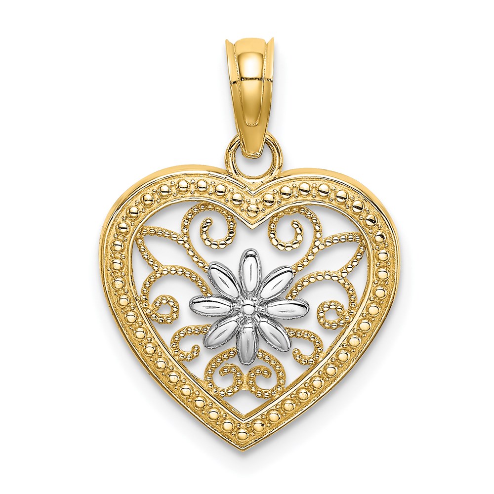 K9360.jpg 14k and White Rhodium Textured Flower Filigree Heart Charm - Image 1