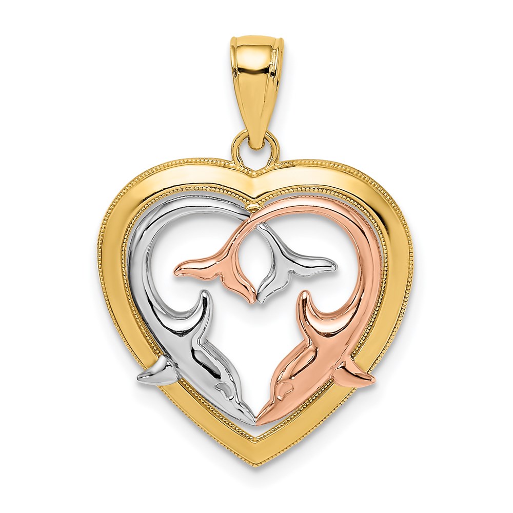 K9394.jpg 14K Two-Tone with White Rhodium Dolphins In Heart Frame Charm - Image 1