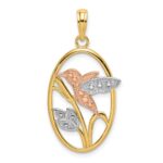 14k Two-tone with White Rhodium Hummingbird and Flowers In Oval Frame Charm