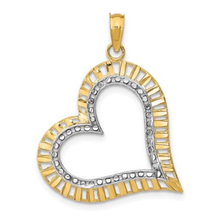 14k and White Rhodium Diamond-cut Large Tilted Heart Charm