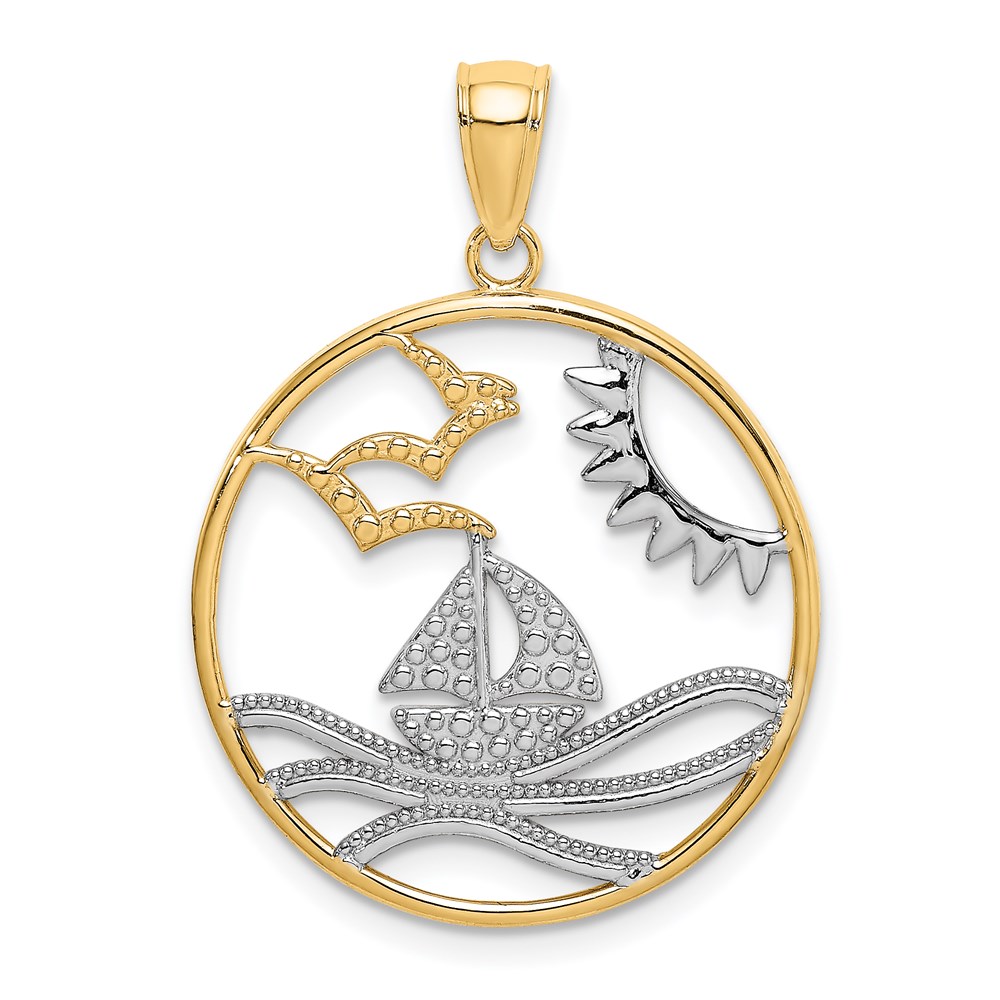 K9430.jpg 14k and White Rhodium Sun/Sailboat/Water/Seagulls in Circle Charm - Image 1