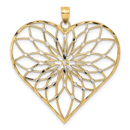 14k with White Rhodium Diamond-cut Large Filigree Heart Pendant