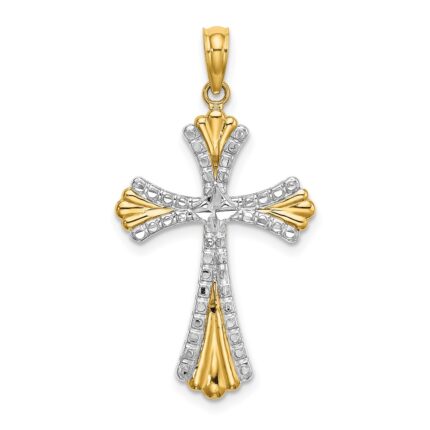 14K and White Rhodium and Diamond-cut Reversible Cross Charm