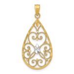 14k and White Rhodium Heart Beaded Filigree Diamond-cut Teardrop Charm