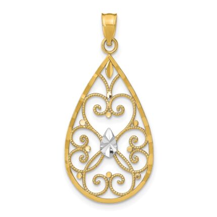 14k and White Rhodium Heart Beaded Filigree Diamond-cut Teardrop Charm