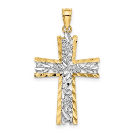 14K and White Rhodium Diamond-cut Flower Design Cross Charm