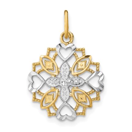 14K and White Rhodium Center Flower and Heart Charm