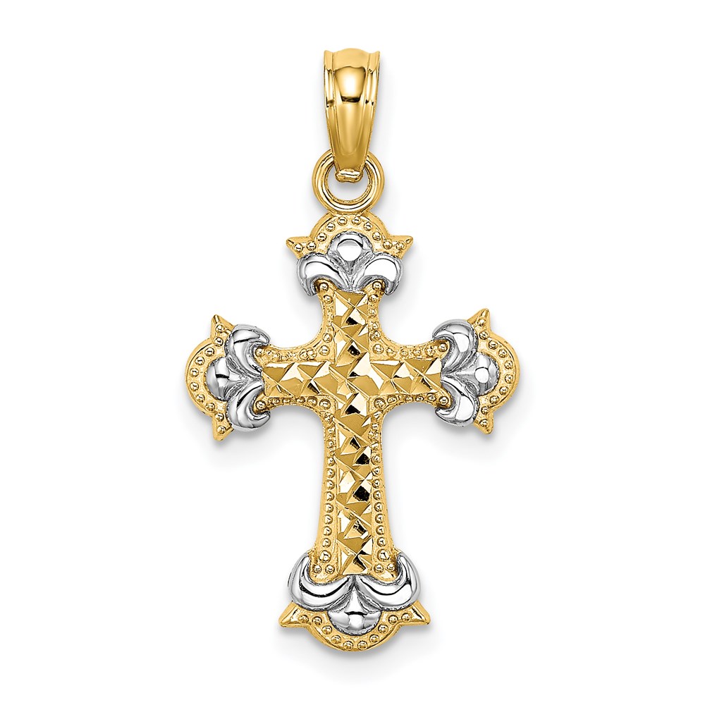 K9544.jpg 14K with Rhodium Diamond-cut Fleur-De-Lis Cross Charm - Image 1