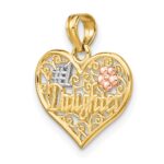 14k Two-tone with White Rhodium #1 DAUGHTER In Heart with Flowers Charm - Image 5
