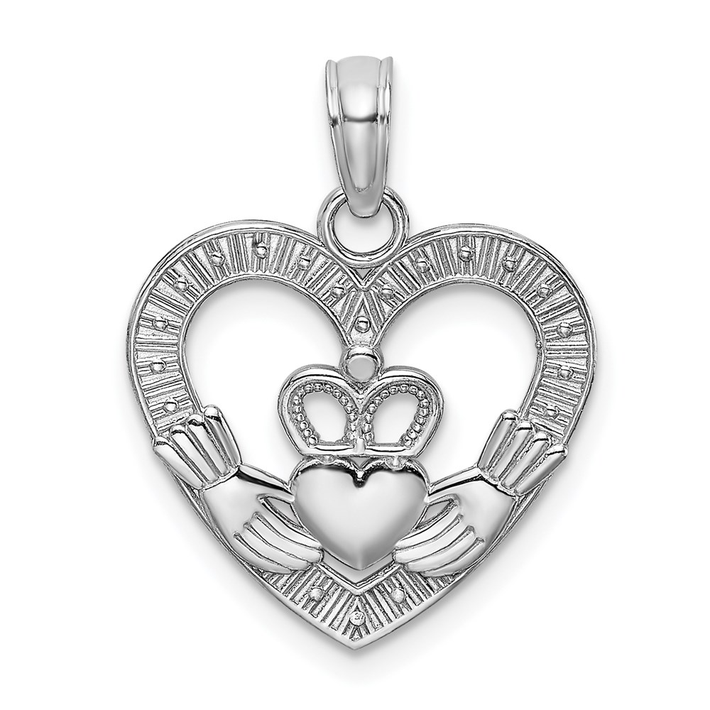 K9581W.jpg 14K White Gold Polished and Textured Heart Claddagh Charm - Image 1