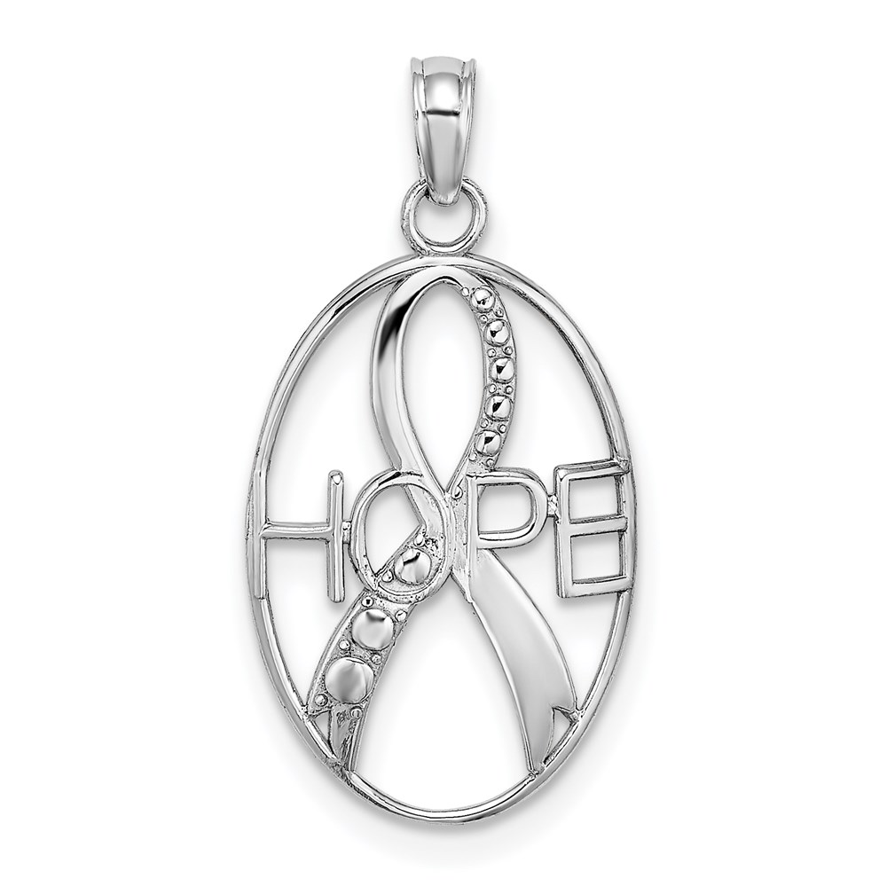 K9586W.jpg 14K White Gold Textured HOPE Awareness Ribbon in Oval Charm - Image 1