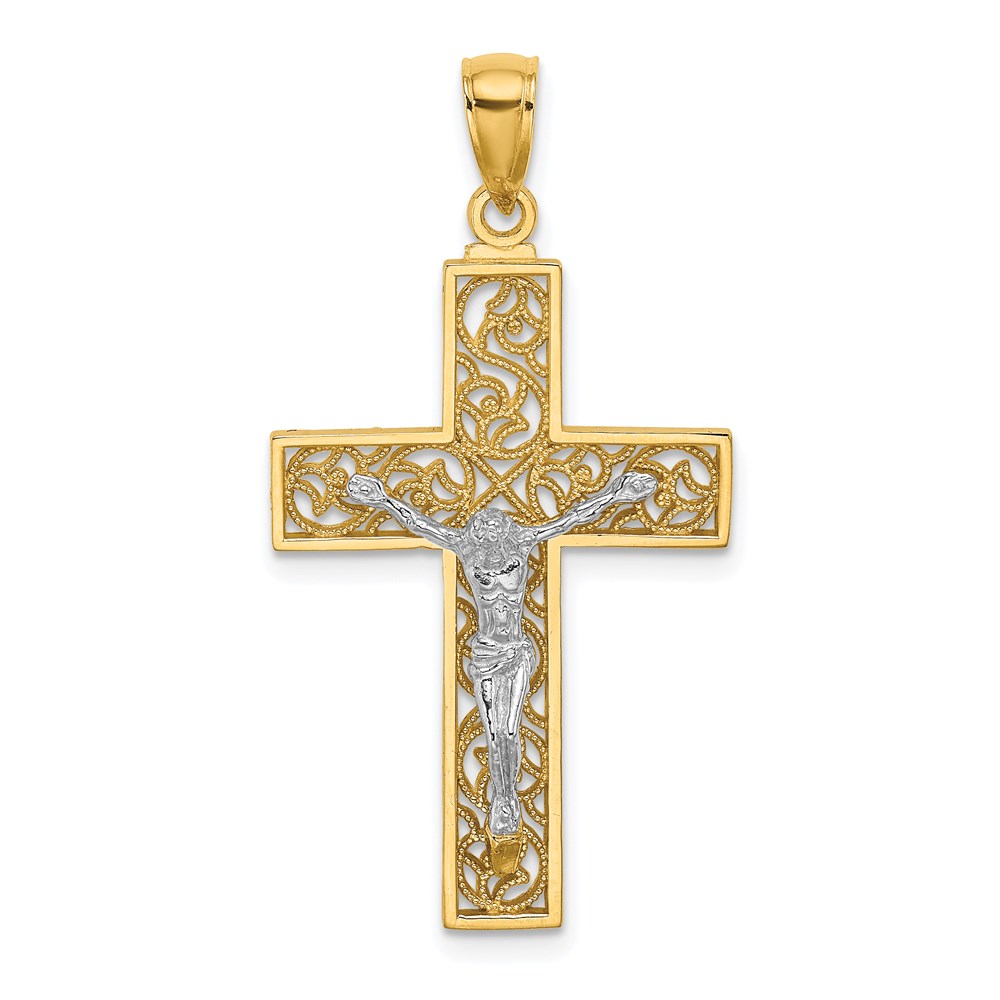 K9675.jpg 14k Two-tone Filigree Crucifix Pendant - Image 1