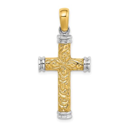 14K and White Rhodium Scroll with Double Endcaps Cross Charm