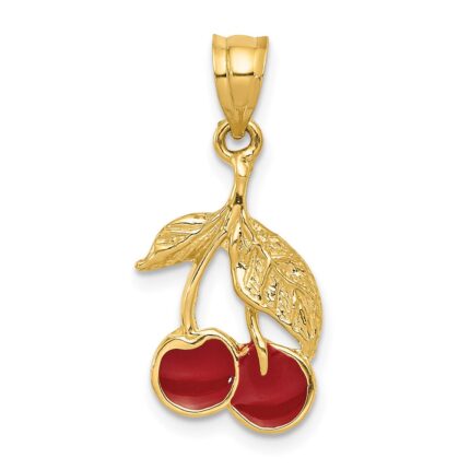 14k Polished Red Enameled Cherries Pendant