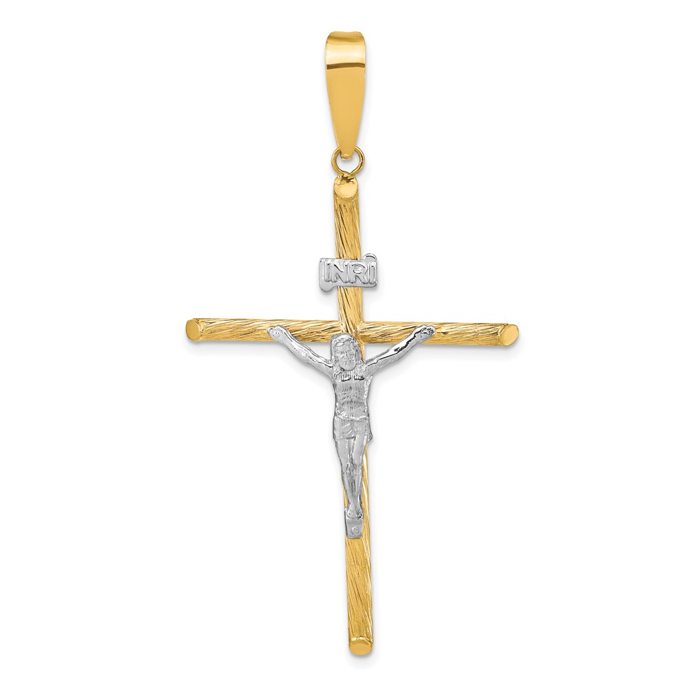 K9966.jpg 14K and White Rhodium Polished and Textured INRI Crucifix Cross Pendant - Image 1