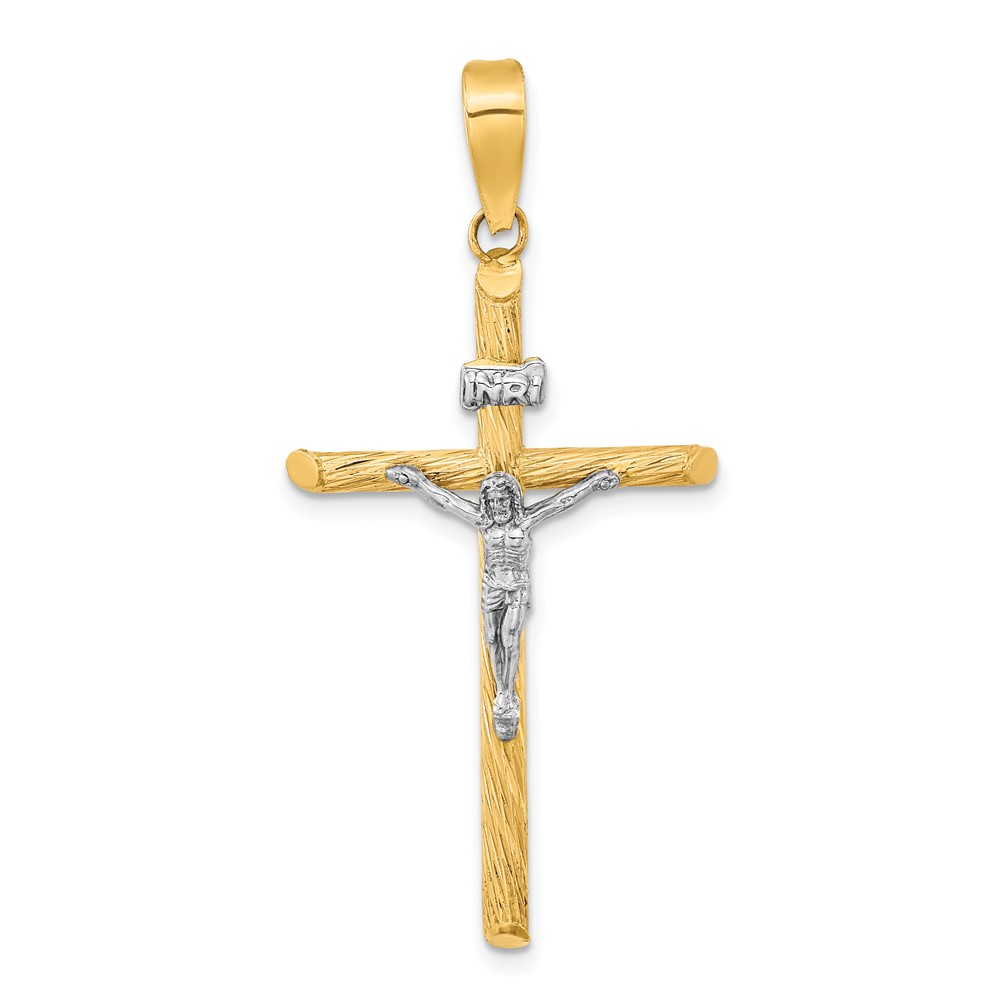 K9967.jpg 14K and White Rhodium Polished and Textured INRI Crucifix Cross Pendant - Image 1