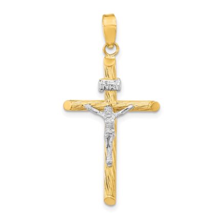 14K and White Rhodium Polished and Textured INRI Crucifix Cross Pendant