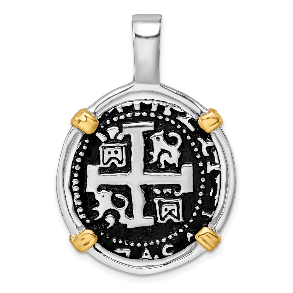 LP-150.jpg Sterling Silver Rhodium-plated Antiqued Gold-tone Ship Coin Pendant - Image 1