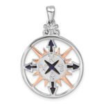 Sterling Silver Rhodium-plated Polished Enameled Compass Rose-tone Pendant