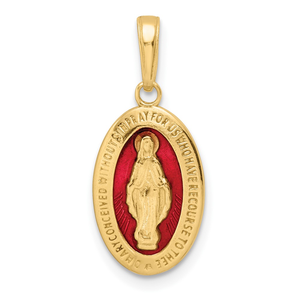 M1431ER.jpg 14k Solid Red Enameled Miraculous Medal Oval Pendant - Image 1