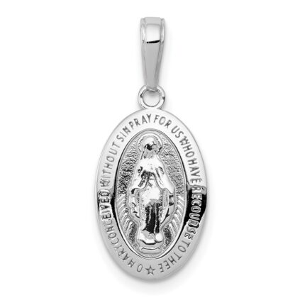14k White Gold Polished and Satin Solid Miraculous Medal Oval Pendant
