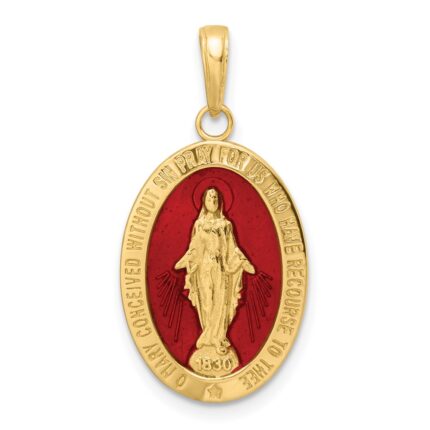 14k Solid Red Enameled Miraculous Medal Oval Pendant