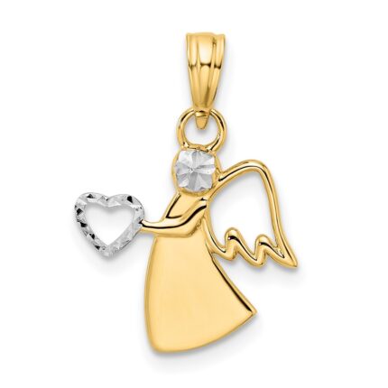 14k and White Rhodium Diamond-cut Angel Holding Heart Pendant