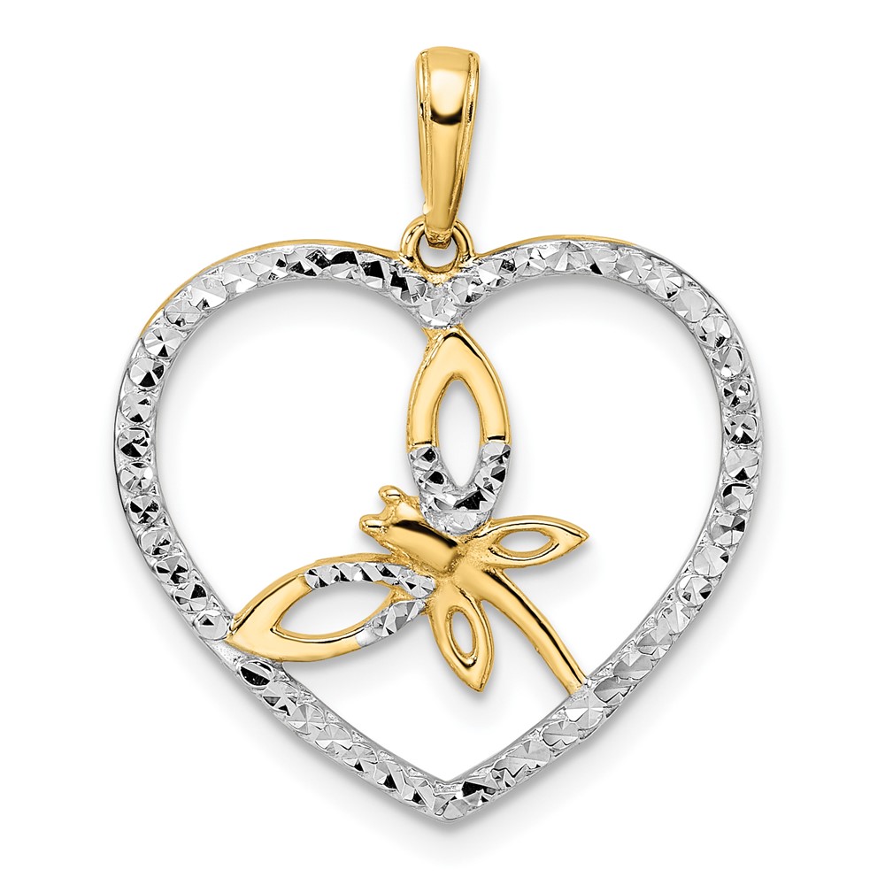 M2912.jpg 14k and White Rhodium Diamond-cut Dragonfly in Heart Pendant - Image 1