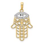 14k and White Rhodium Diamond-cut Evil Eye Filigree Hamsa Pendant