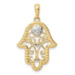14k and White Rhodium Diamond-cut Evil Eye Filigree Hamsa Pendant