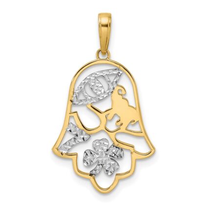 14k and White Rhodium Diamond-cut Good Luck Symbols on Hamsa Pendant