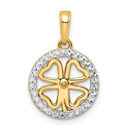 14K and White Rhodium Diamond-cut Four-leaf Clover Pendant