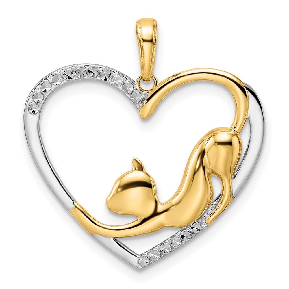 M3001.jpg 14k and White Rhodium Diamond-cut Cat Stretching in Heart Pendant - Image 1