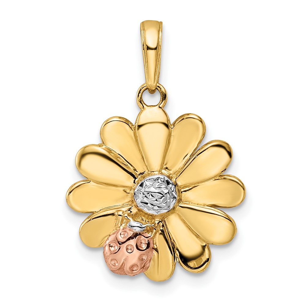 M3020.jpg 14k with White and Rose Rhodium Diamond-cut Ladybug on Flower Pendant - Image 1