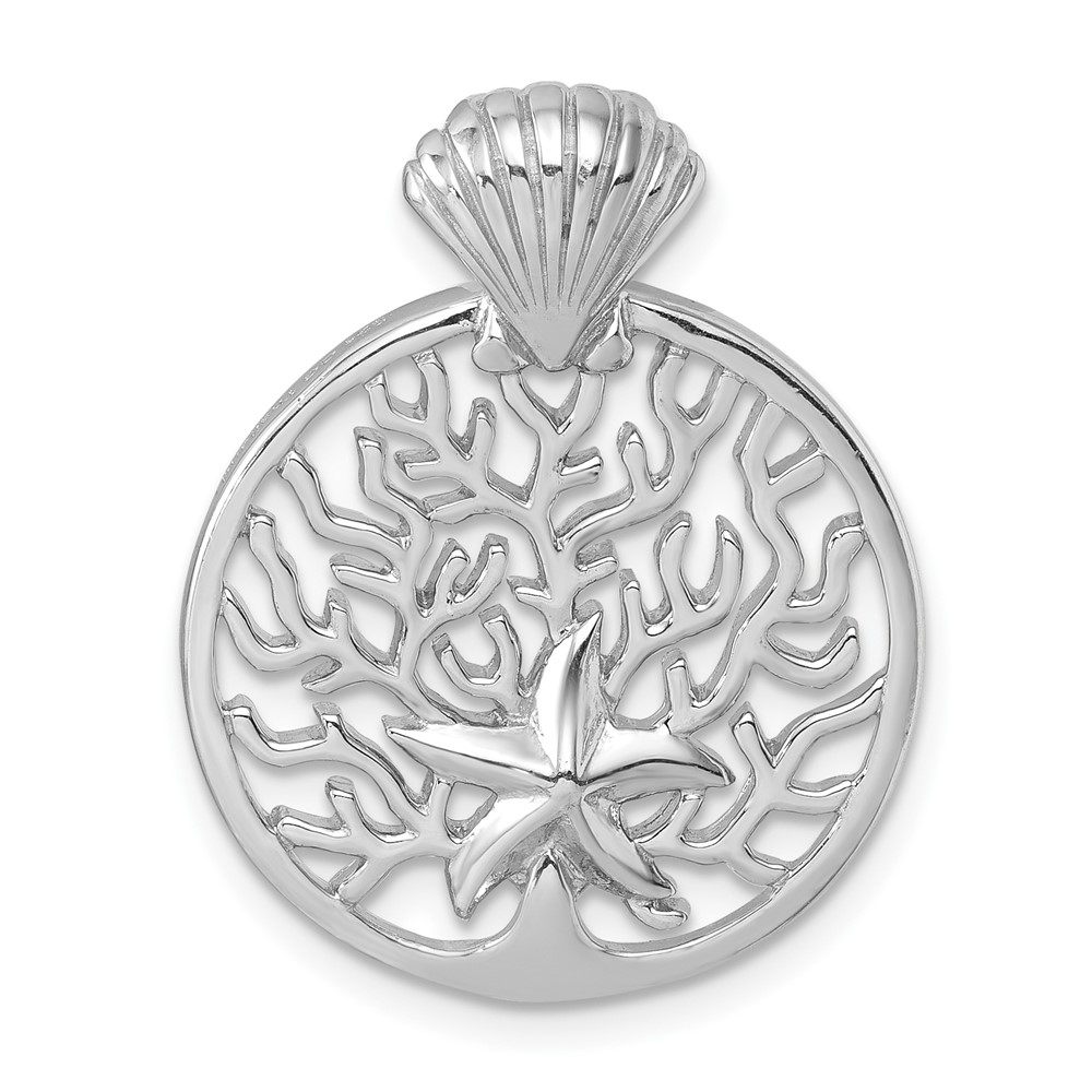 PLP-026.jpg Sterling Silver Rhodium-plated Polished Starfish and Scallop Shell Reef Pendant - Image 1