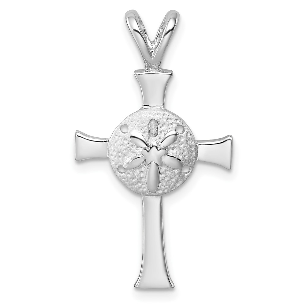 PLP-104.jpg Sterling Silver Rhodium-Plated Polished and Brushed Sand Dollar Cross Pendant - Image 1