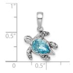 Sterling Silver Rhodium-plated Polished and Antiqued Blue Crystal Turtle Pendant - Image 5