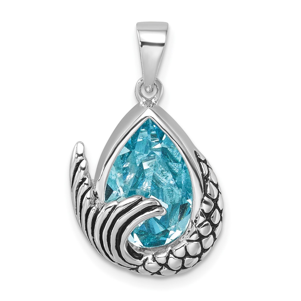 PLP-345.jpg Sterling Silver Rhodium-Plated Polished & Antiqued Crystal Mermaid Tail Pendant - Image 1