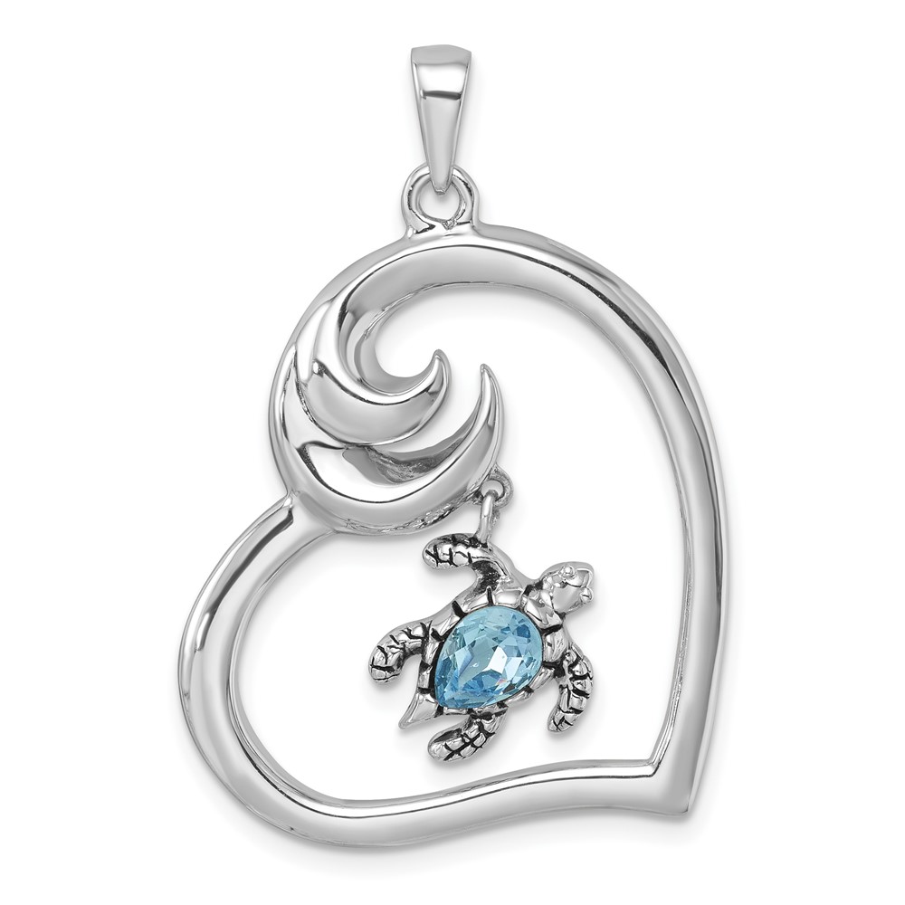 PLP-375.jpg Sterling Silver Rhodium-plated Polished and Antiqued Blue Crystal Turtle Heart with Wave Pendant - Image 1
