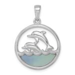 Sterling Silver Rhodium-plated Polished Round Blue Agate Double Dolphin Pendant