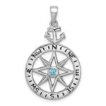 Sterling Silver Rhodium-plated Blue CZ Compass Rose with Small Anchor Pendant