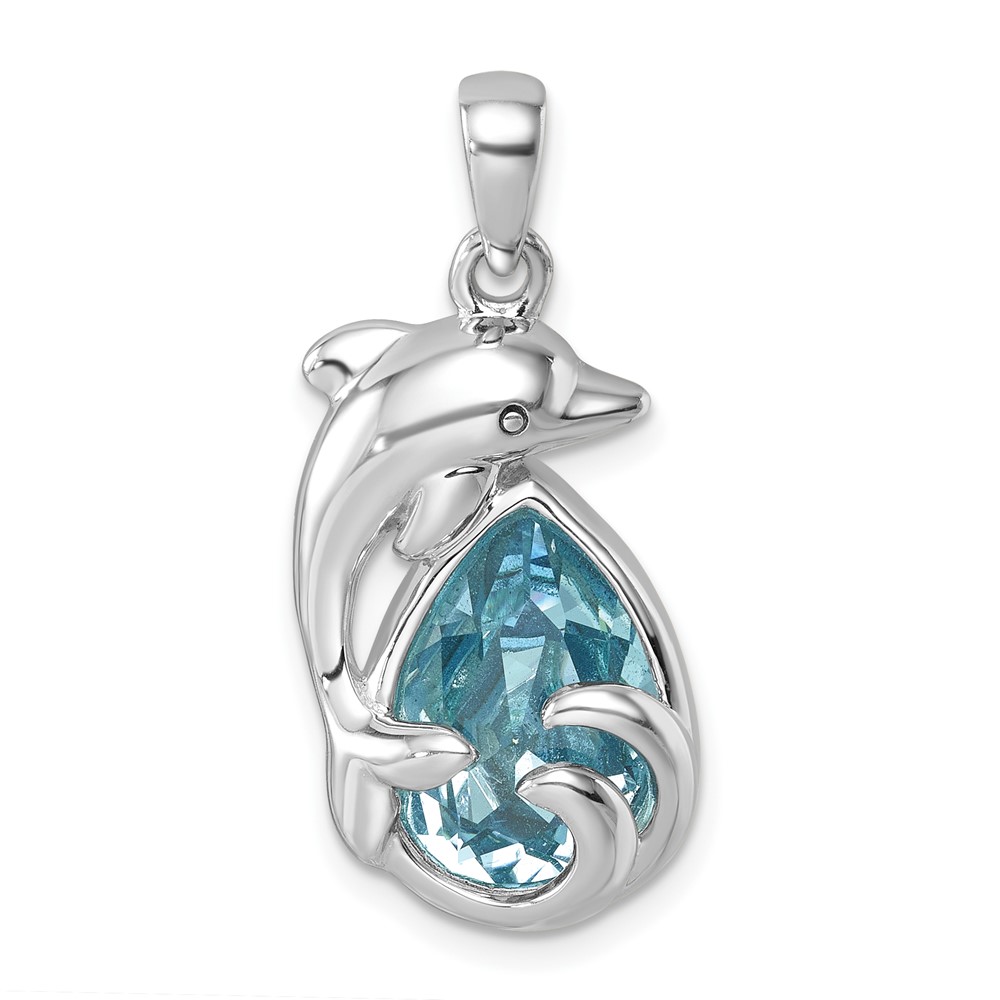 PLP-763.jpg Sterling Silver Rhodium-plated Polished Crystal Dolphin Pendant - Image 1