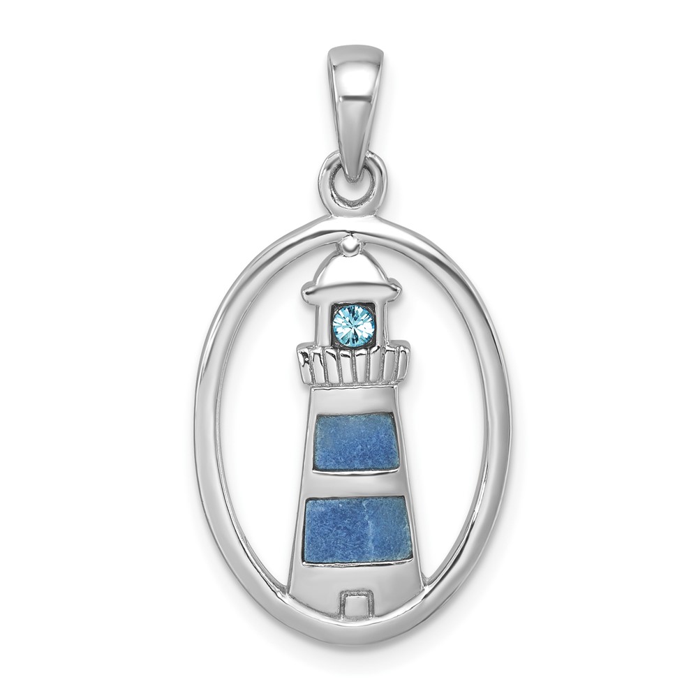 PLP-789.jpg Sterling Silver Rhodium-Plated Polished Oval Adventurine and CZ Lighthouse Pendant - Image 1