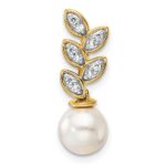 14K Polished 1/15 carat Diamond and White Freshwater Cultured Pearl Leaf Design Chain Slide