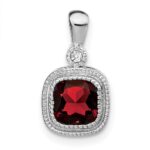 14k White Gold 6mm Cushion Garnet and Diamond Pendant