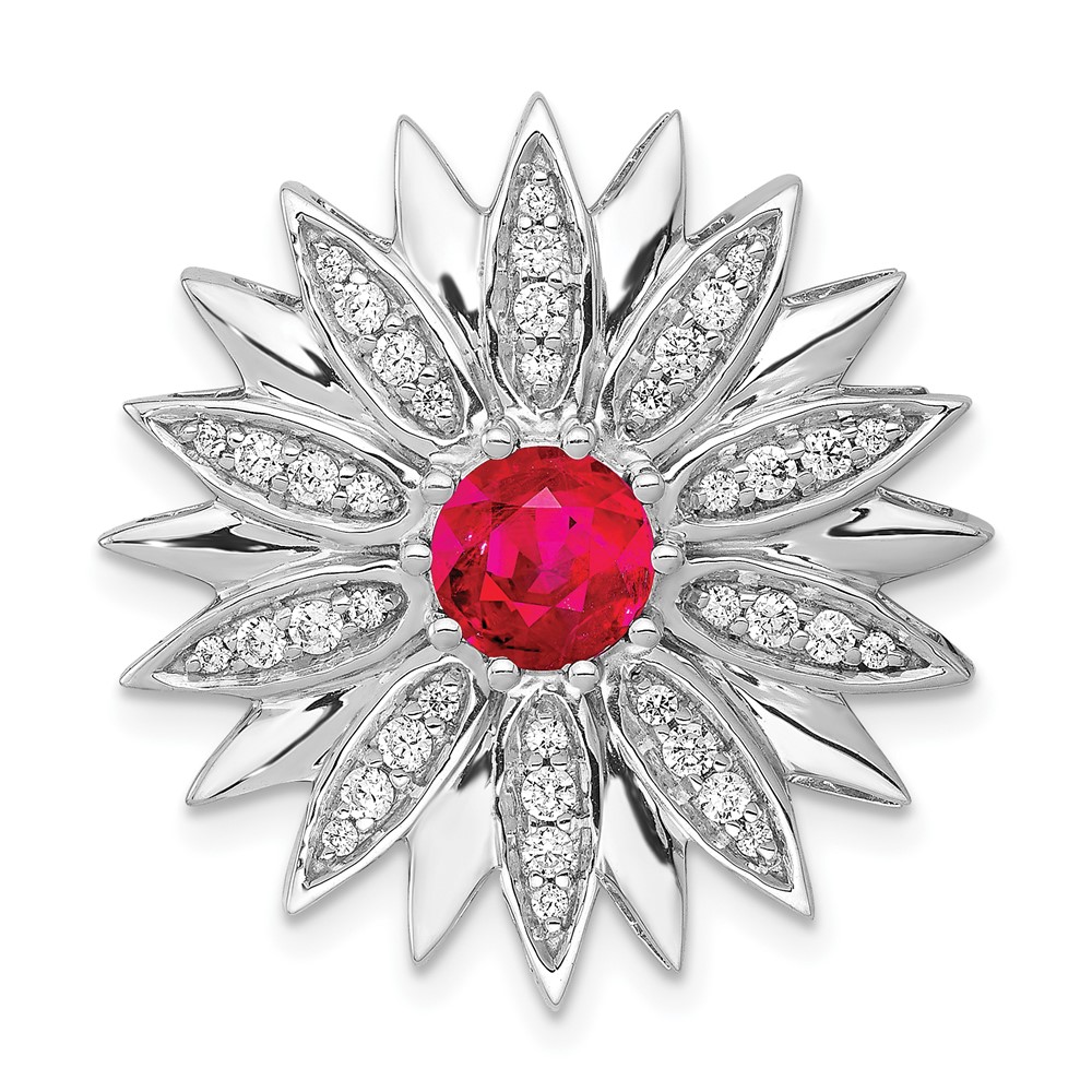 PM3918-RU-038-WA.jpg 14k White Gold 3/8 carat Diamond and Ruby Flower Chain Slide - Image 1