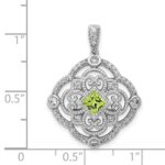 14k White Gold Diamond and 4mm Square Peridot Fancy Filigree Pendant - Image 3