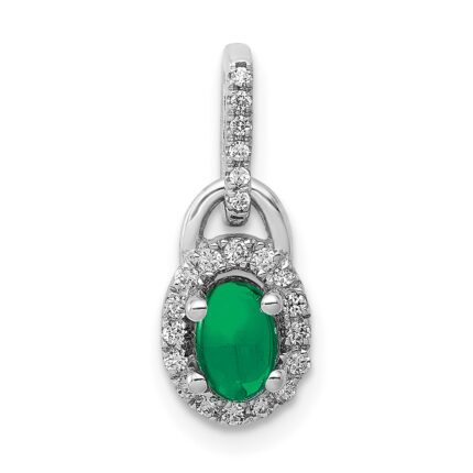 14k White Gold Diamond and Oval Cabochon Emerald Halo Pendant