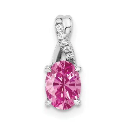 14K White Gold 7x5 Oval October/Lab Created Pink Sapphire and Diamond Pendant