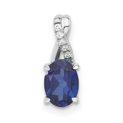 14k White Gold 7x5mm Oval Lab Created Sapphire and Diamond Pendant